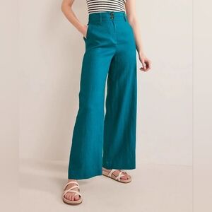 Boden Teal Wide-Leg Linen Trousers with High-Waisted Design